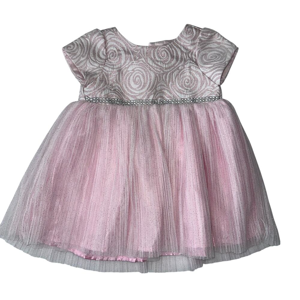 Nannette Baby Girl 6/9M Pink Jacquard Tulle Dress w/ Rhinestone Waistband